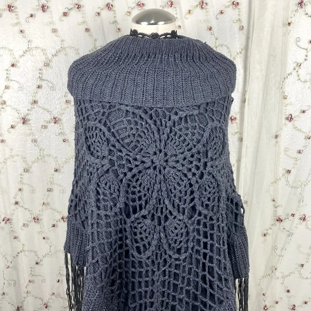 The Classic Gray Knit Tassel Fold Over Neckline Boho Hippie Earthy Poncho Shawl‎